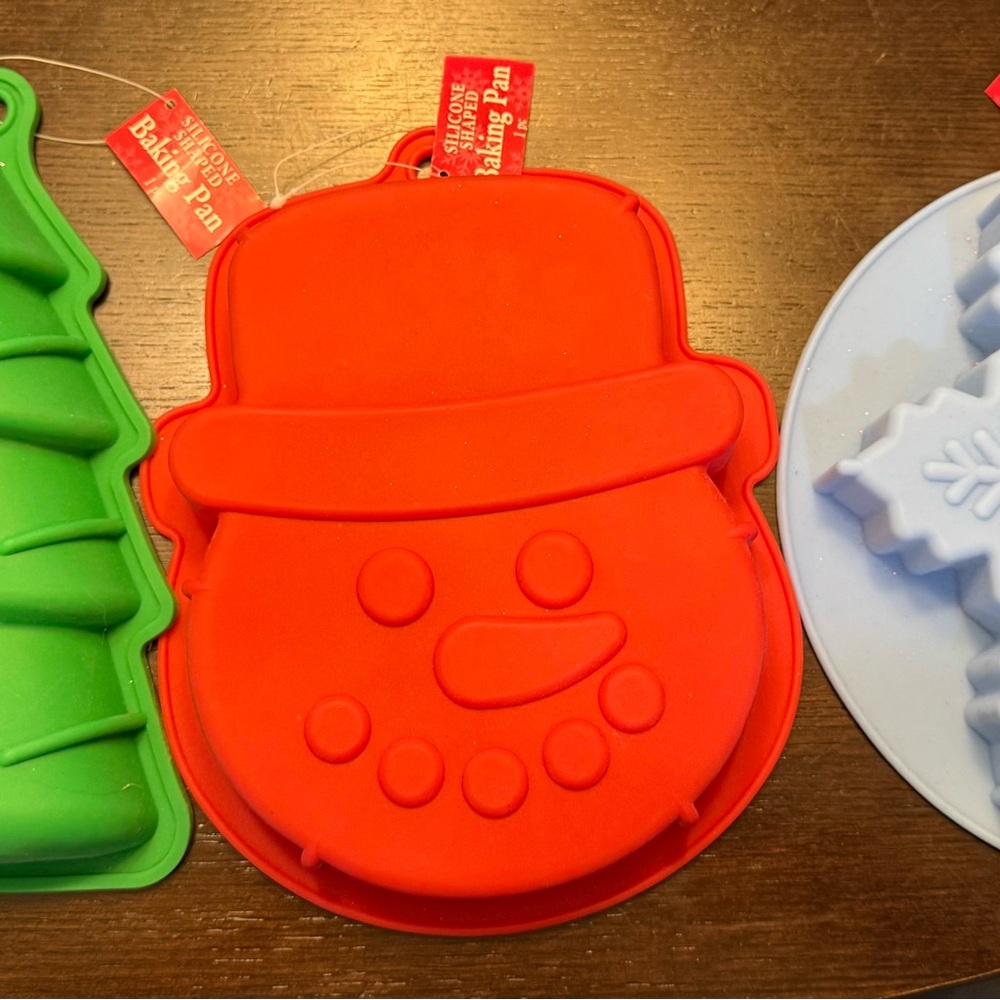 Red Snowman, Green Tree, and Blue Snowflake Silicone Baking Pans-set